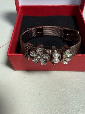 Chocolate Floral Charm Mesh Bracelet with Pearls and Crystals